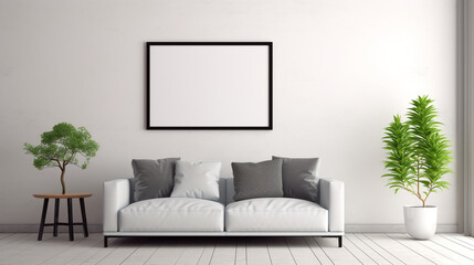 modern white living room blank picture frame mockup on white wall. interior, room, sofa, furniture