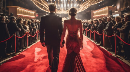 The back view of a glamorous woman and her dapper husband, elegantly making their way down the red carpet at a movie premiere