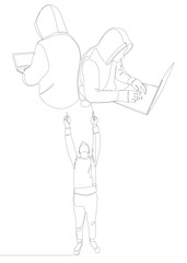 One continuous line of Man pointing with finger at Hacker, Men using Laptop. Thin Line Illustration vector concept. Contour Drawing Creative ideas.