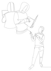 One continuous line of Man pointing with finger at Hacker, Men using Laptop. Thin Line Illustration vector concept. Contour Drawing Creative ideas.