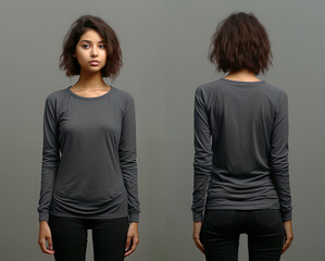 Woman wearing a grey T-shirt with long sleeves. Front and back view