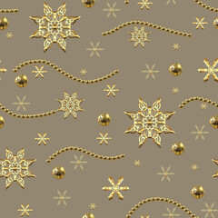 Seamless pattern on the theme of the new year and Christmas with snowflakes, balls, Christmas tree branches, Golden color