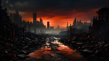 a city destroyed by the war that caused the end of the world, the apocalypse - obrazy, fototapety, plakaty