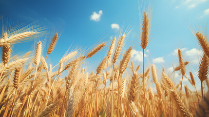 Fototapeta premium View of golden wheat field with blue sky in background