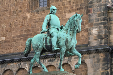 Bremen, Germany. Bismarck monument close to Bremen Cathedral. The equestrian statue of the German Chancellor Otto von Bismarck was erected in 1910. - 628728118