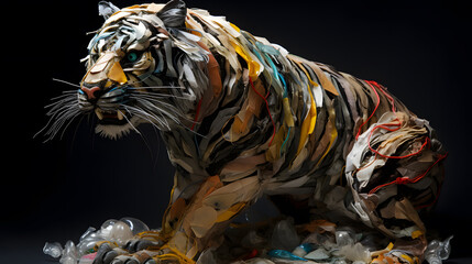 A picture of tiger made plastic bottle and other plastic trash from sea, on black background