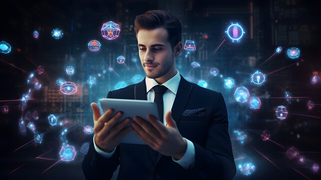 Portrait businessman with smartphone standing in office with hologram background