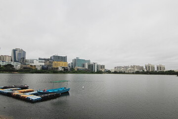 Naklejka premium BIrd Flying over Durgam Cheruvu Lake Hyderabad, India
