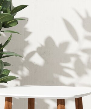 Minimal, modern, white rectangle pedestal side table podium, wooden leg, tree in sunlight, leaf shadow on white cement wall. Luxury organic cosmetic, skincare, body care, beauty product background 3D