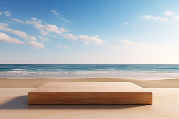 Fototapeta na wymiar Wooden display on the sea beach for product Generative ai