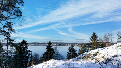 Overlooking an inlet from hills on a beautiful winter day.