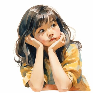 Asian girl in thinking and doubts watercolor illustration. Young woman character with dreamy face on abstract background. Ai generated bright drawn colorful poster.