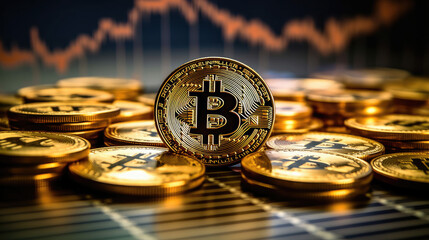 Close-up of Bitcoin coins are neatly stacked on a table, while a graph illustrating market trends provides a compelling analysis backdrop