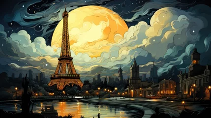 Fototapete Paris landscape with moon