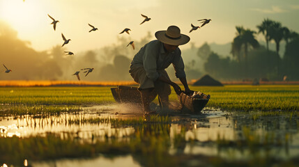 Modern rice planting method, the farmer unrolls the rice so that the rice growing process is faster