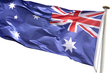 Australian flag waves proudly against a pristine white background, representing the national symbol of Australia
