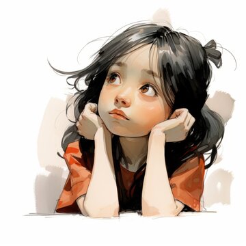 Asian girl in thinking and doubts watercolor illustration. Young woman character with dreamy face on abstract background. Ai generated bright drawn colorful poster.