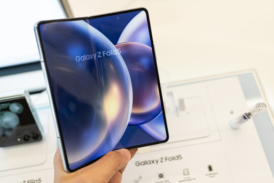 Samsung launch The New Samsung Galaxy Z Fold 5 new models, demo display launch at store. Modern mobile phone technology concept.
