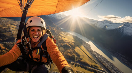 Showing the woman's focused expression while paragliding - obrazy, fototapety, plakaty