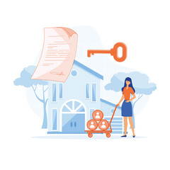 Mortgage process, People buying property with mortgage. receiving house keys, flat vector modern illustration 