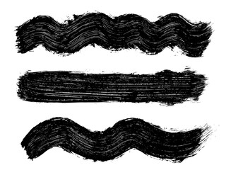 Set of black abstract brush strokes. Ink stain isolated on white background. Grainy textured design elements. Vector illustration, eps 10.