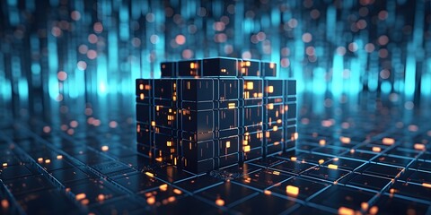 Computer code. Digital technology background. Cube with binary code. Abstract tech background. Abstract space background. Digital technology background. Blockchain Network, Data. Generative AI
