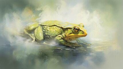 Bullfrog amid white smoke, a mystical vision where nature's essence intertwines with an air of intrigue and enigmatic allure