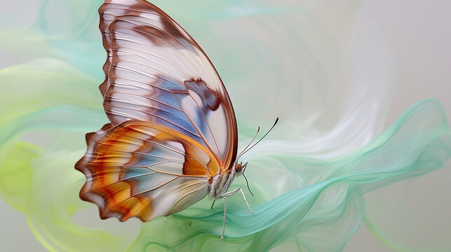 Generative AI image of a mesmerizing blend: a butterfly adorned with vibrant hues gracefully emerging from a swirling tapestry of colorful smoke.