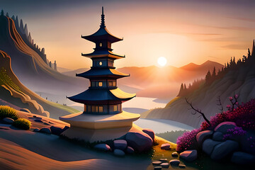 Japanese pagoda in beautiful scenery generative AI