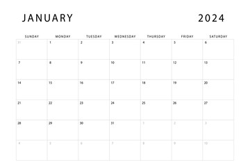 January 2024 calendar. Monthly planner template. Sunday start. Vector design - obrazy, fototapety, plakaty