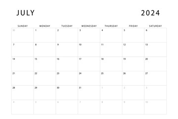 July 2024 calendar. Monthly planner template. Sunday start. Vector design