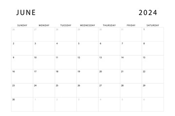 June 2024 calendar. Monthly planner template. Sunday start. Vector design
