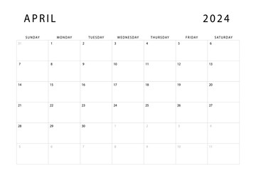 April 2024 calendar. Monthly planner template. Sunday start. Vector design