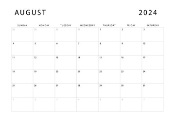 August 2024 calendar. Monthly planner template. Sunday start. Vector design