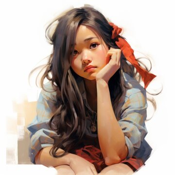Asian girl in thinking and doubts oil painted illustration. Young woman character with dreamy face on abstract background. Ai generated bright drawn colorful acrylic poster.