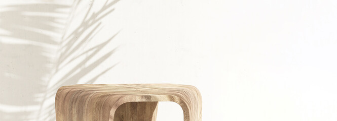 Modern geometric design wooden pedestal side table podium in sunlight, palm tree leaf shadow on...