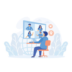 online communication concept, Video conference. People group on computer screen taking with colleague, flat vector modern illustration