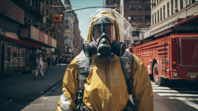 Standing Tall in the City Swirl: Man in Hazmat Suit, Generative AI