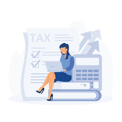 Taxation planning concept. Characters using tax calendar to filling tax declaration form online and with financial adviser.  flat vector modern illustration