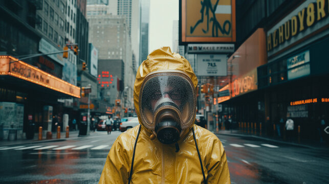 Amidst the Urban Swarm: Man in Bright Hazmat Suit, Generative AI