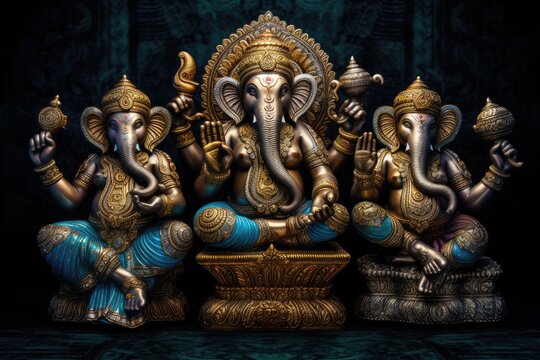the ganeshas are pictured in their sitting pose, with gold plated hands & arms. beautiful Generative AI AIG32