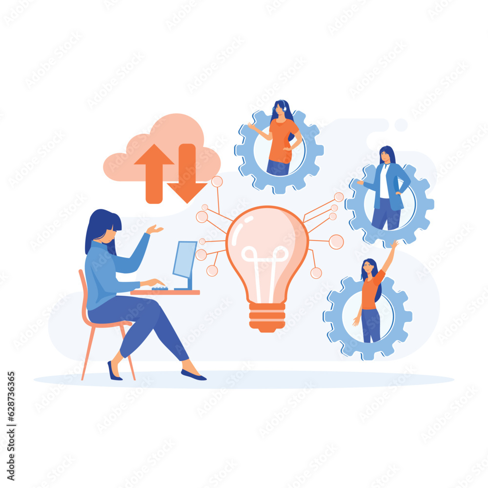 Poster wireless computing service concept. co working team of users connected by cloud computing and light 