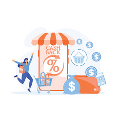 Online cashback service for purchase with phone screen. Mobile payments.Happy customer get rewards. flat vector modern illustration
