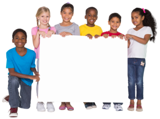 Digital png photo of six smiling diverse children holding white board on transparent background
