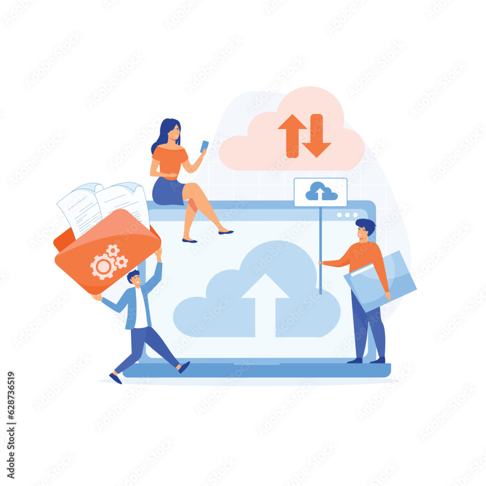 Aufkleber cloud server storage concept. team administrator and developer working with computer monitor. flat v