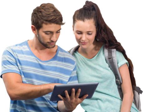 Digital png photo of caucasian couple using tablet on transparent background - Powered by Adobe