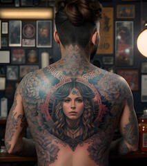 Man with full back tattoo of a lady standing in a shop