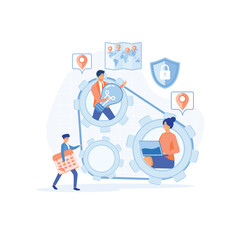 Outsourcing company with tree people in gears. Company development and business strategy and planning. flat vector modern illustration 