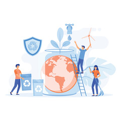 Ecology concept. People are preparing for the holiday, saving the planet, World Environment Day,  flat vector modern illustration 