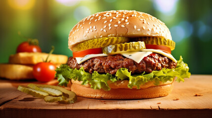 Savory beef burger, grilled to perfection, topped with melting cheese, crisp lettuce, ripe tomatoes, and a toasted bun that beckons a satisfying bite.